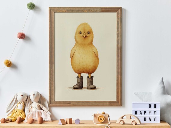 Cute Yellow Chick Wearing Boots Funny Farm Animal Nursery Poster