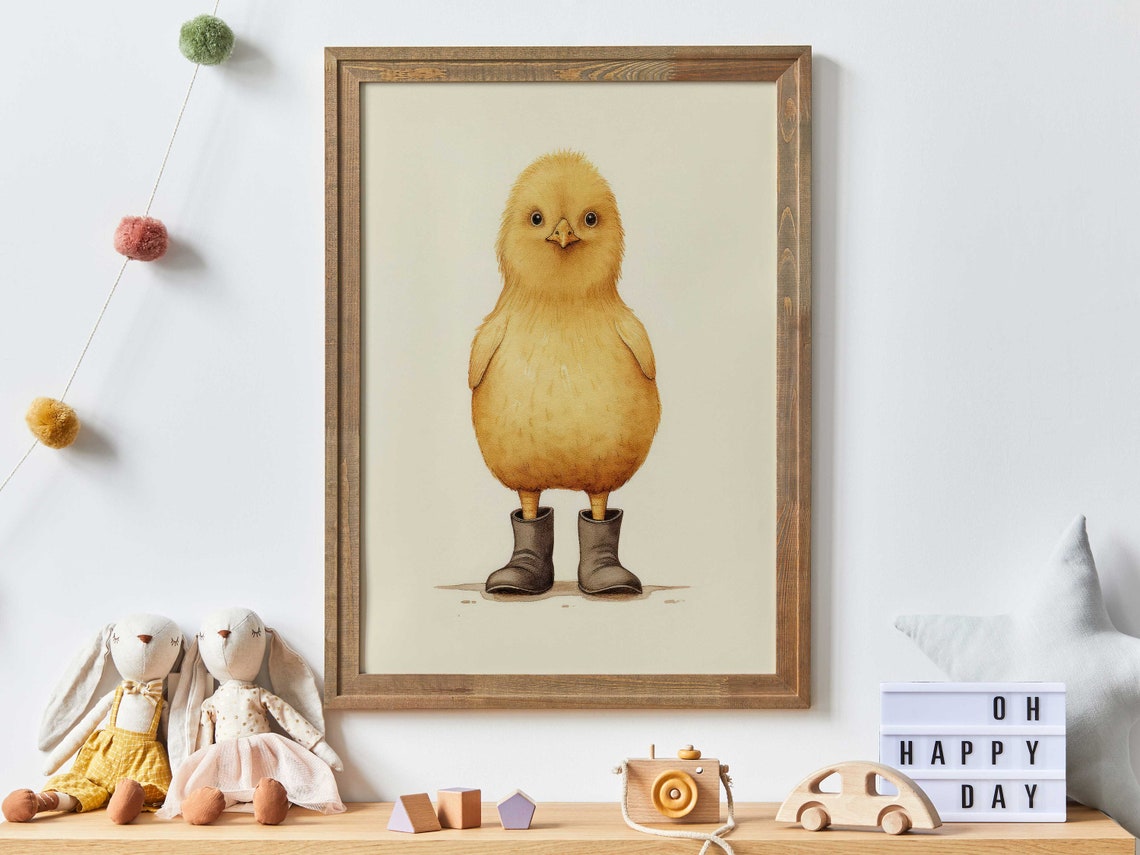 Cute Yellow Chick Wearing Boots Funny Farm Animal Nursery Poster