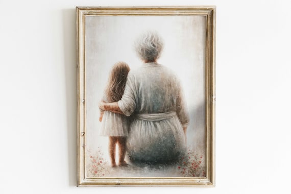 Grandmother Embracing Granddaughter Soft Watercolor Art Print