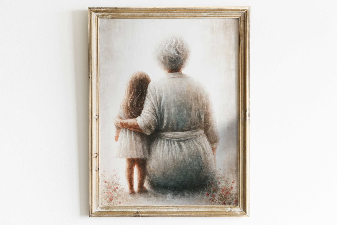 Grandmother Granddaughter Print Grandma Gift Grandkids Wall Art Grandmother Portrait Grandma Painting Rustic Wall Decor