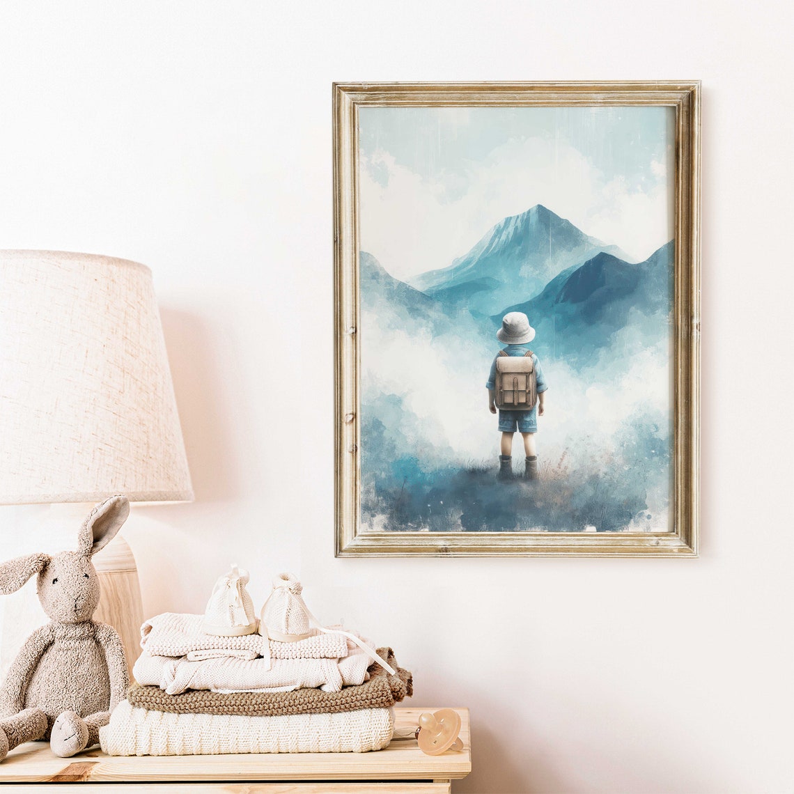 Little Explorer Boy with Backpack Facing Misty Mountains Poster - Image 2