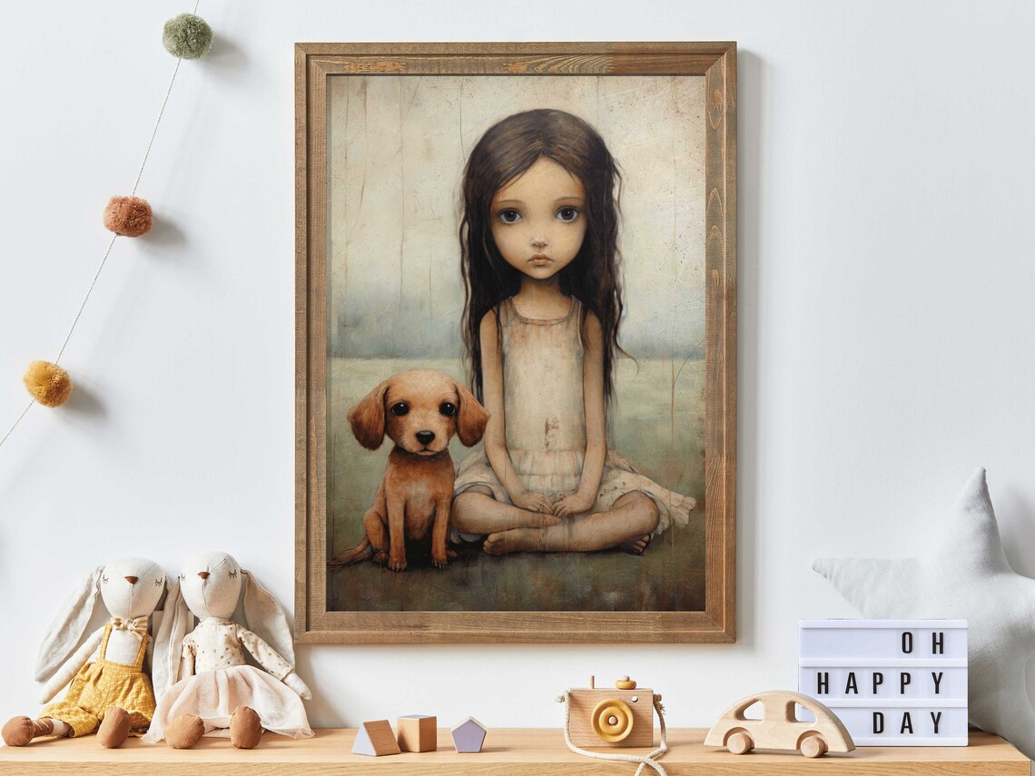 Little Girl With a Golden Puppy Vintage Rustic Kids Room Poster
