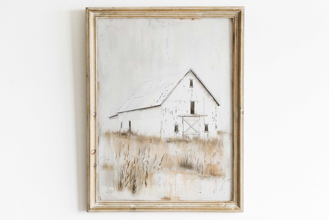 Weathered White Barn In A Golden Field Rustic Farmhouse Poster