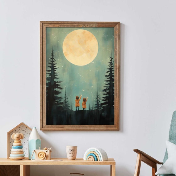 Stargazing Adventure Nursery Decor Siblings Wall Art Forest Stars Print Kids Room Artwork Sister Print Nursery Art