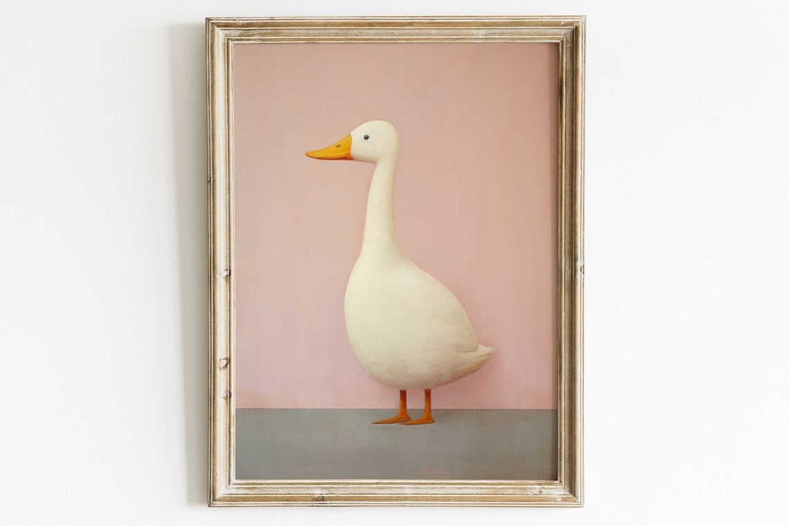 White Goose Portrait on a Soft Pink Background Whimsical Poster