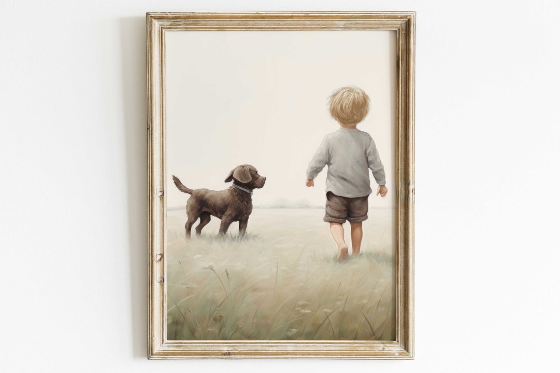 Little Boy and Chocolate Labrador Puppy Walking Through a Field Poster - Image 2