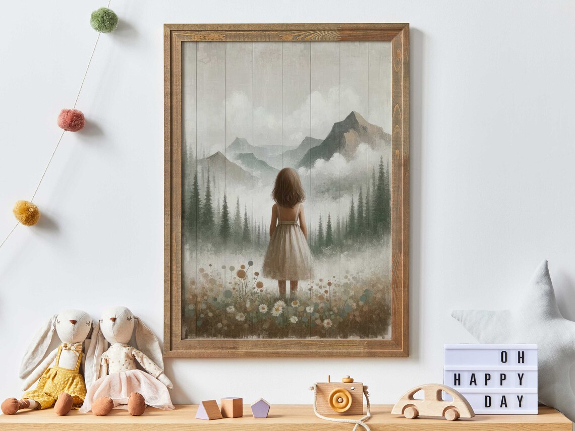 Little Girl in a Wildflower Meadow Facing Misty Mountains Wall Poster
