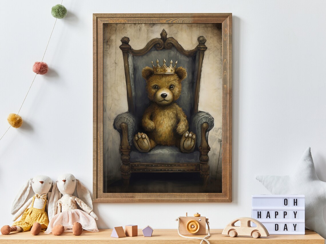 Teddy Bear King Wearing Crown On Throne Vintage Nursery Poster