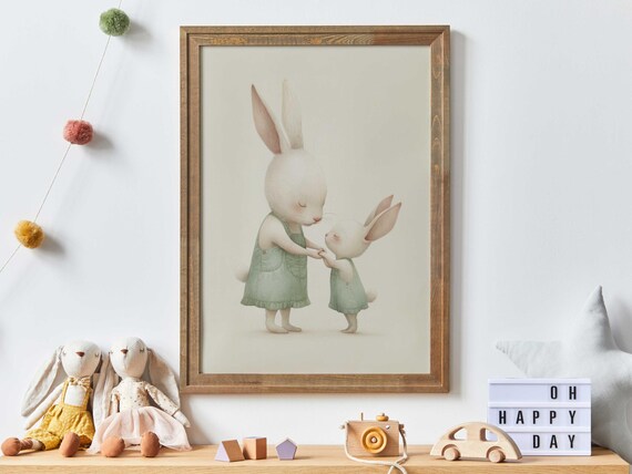 Cute Bunny Nursery Decor Rabbit Nursery Print Woodland Baby Animals Mother Daughter Art Baby Shower Gift Animal Nursery Art