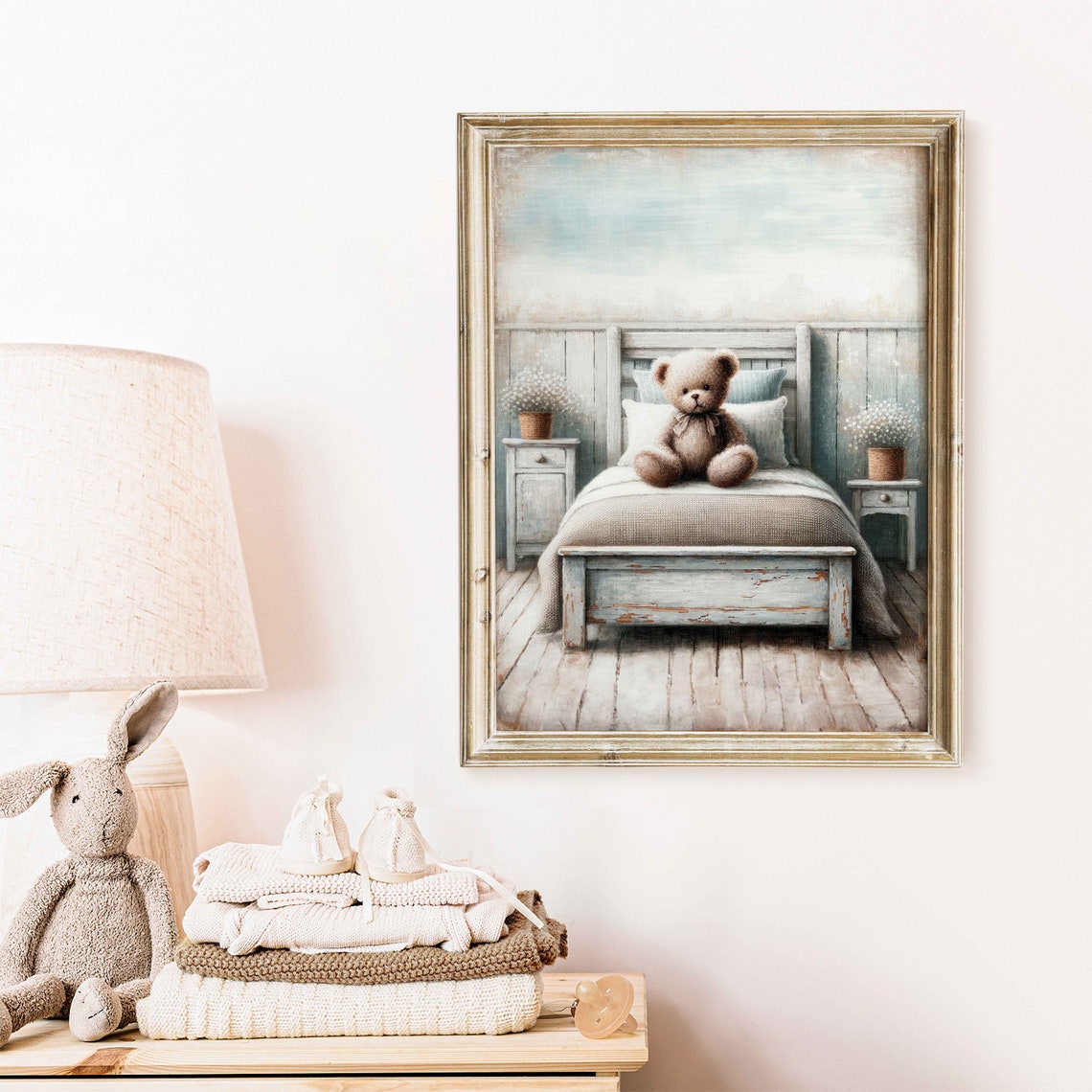 Vintage Teddy Bear Sitting on a Farmhouse Bed Nursery Poster - Image 2