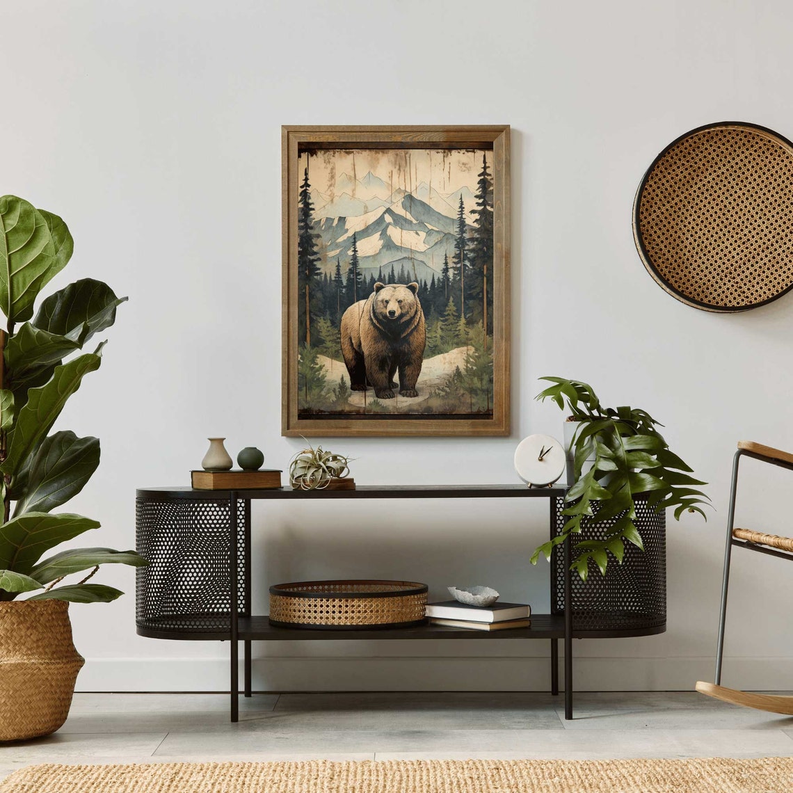 Vintage Brown Bear With Mountain Forest Background Rustic Wildlife Poster - Image 3