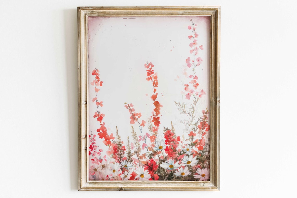 Coral Red Wildflower Garden Watercolor Floral Botanical Wall Art