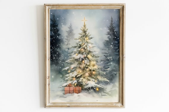 Snowy Christmas Tree With Golden Ornaments In Winter Forest Art Print