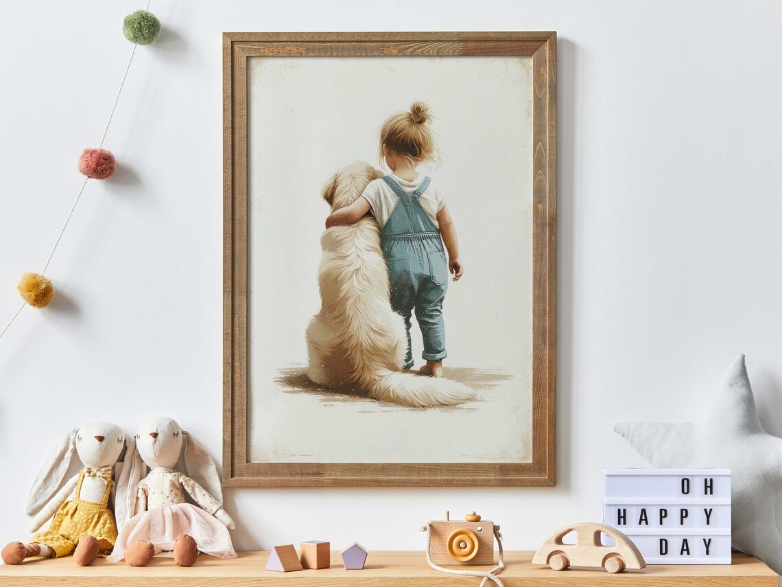 Girl Hugging Golden Retriever Puppy Dog Soft Cream Nursery Wall Poster