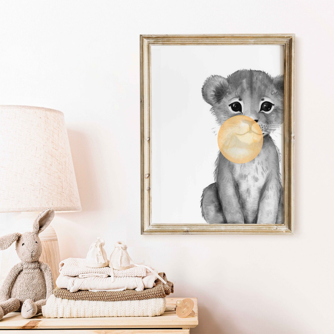 Baby Lion Cub Blowing Golden Bubblegum Whimsical Nursery Art Poster - Image 2