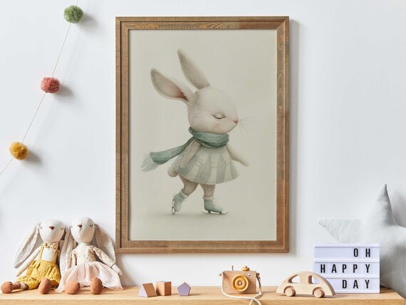 Bunny Nursery Wall Decor Cute Animal Art For Childrens Room Ice Skating Wall Art Rabbit Print Winter Nurseryprintable Nursery Wall Art
