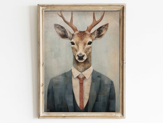 Dapper Deer Stag In Suit And Tie Funny Woodland Animal Portrait Poster
