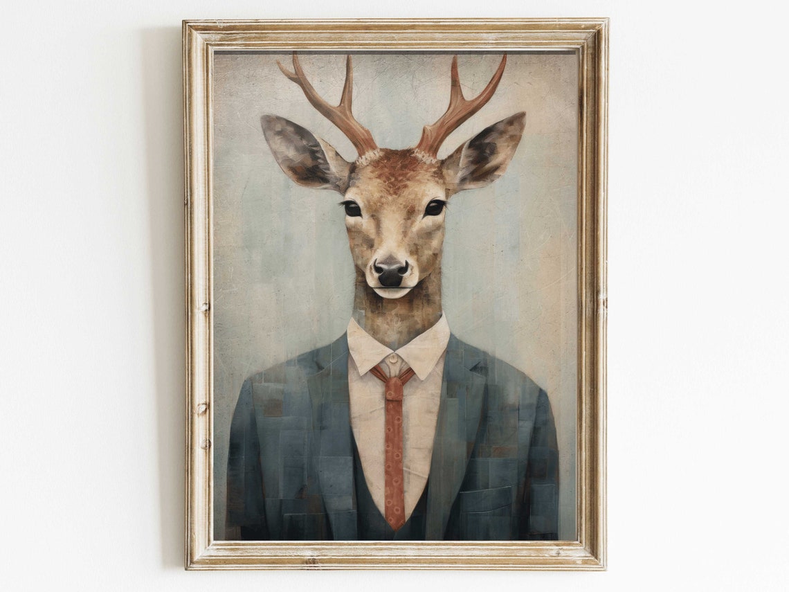 Dapper Deer Stag In Suit And Tie Funny Woodland Animal Portrait Poster