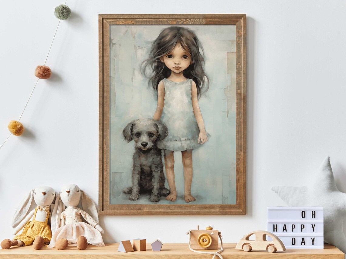 Big-Eyed Girl with a Shaggy Gray Puppy Nursery Portrait Poster