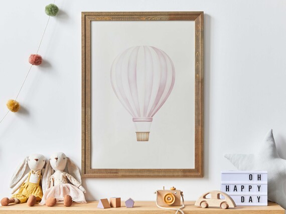 Pink Hot Air Balloon Poster Watercolor Nursery Girls Room Travel Decor