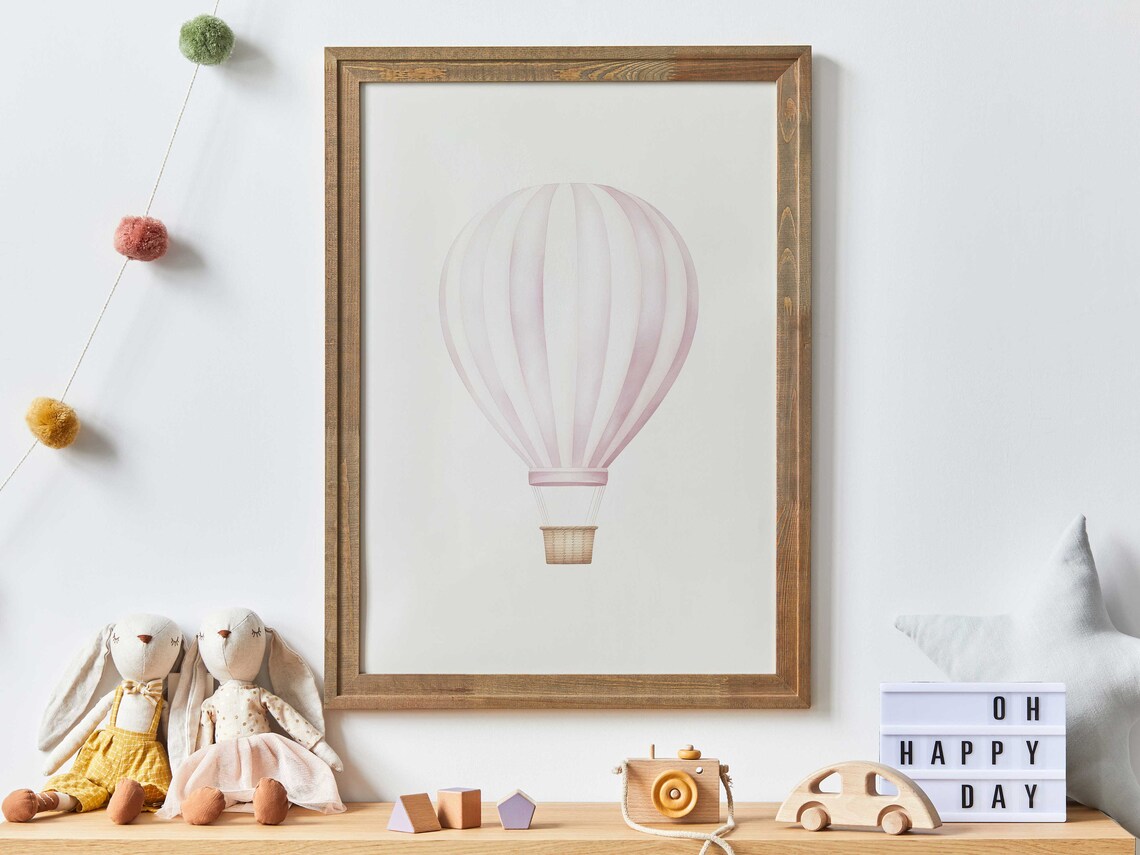 Pink Hot Air Balloon Poster Watercolor Nursery Girls Room Travel Decor