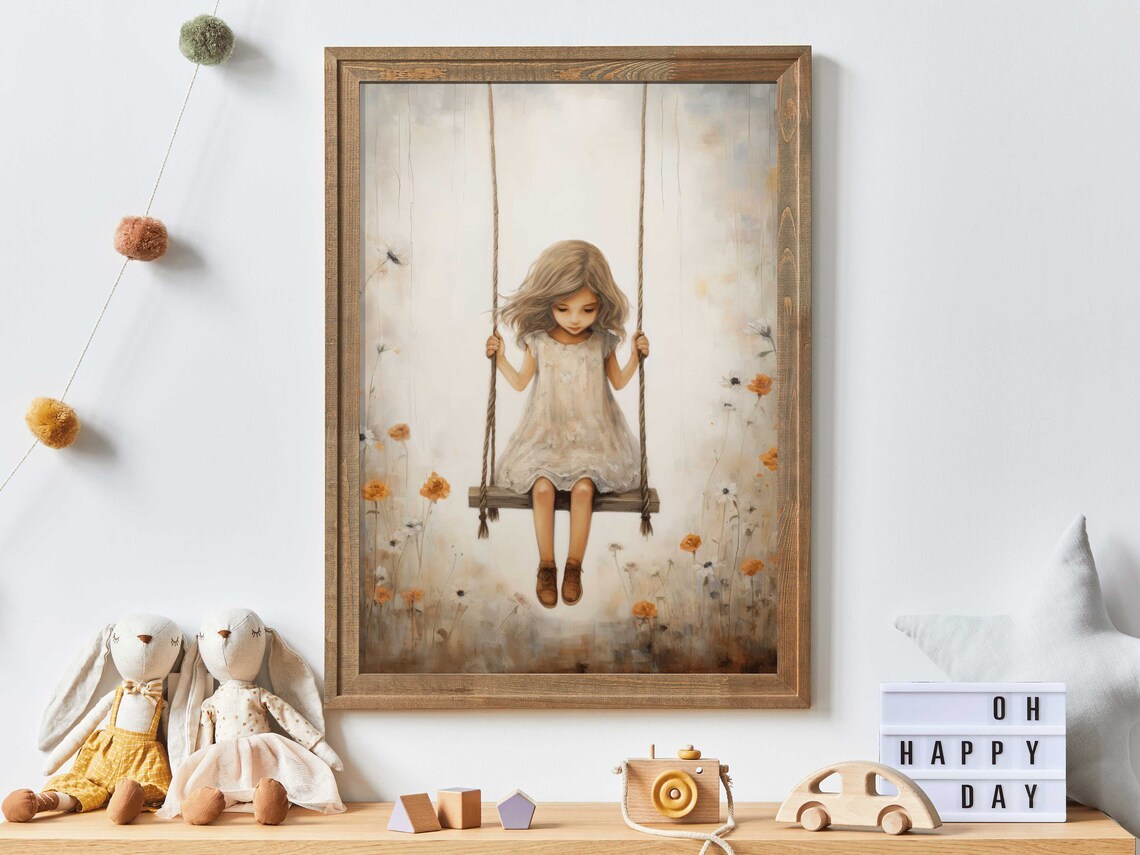 Little Girl On Wooden Swing Among Wildflowers Vintage Style Poster