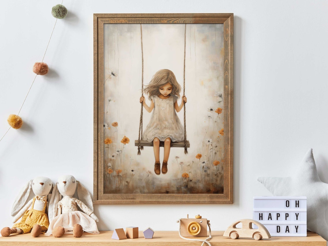 Vintage Girls Room Print Little Girl On A Swing Girly Wall Art Print Rustic Nursery Decor Girls Bedroom Decor Girls Wall Art
