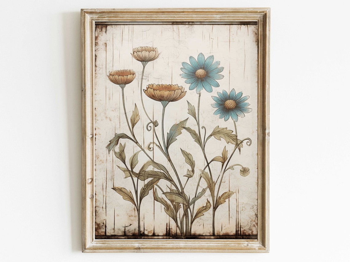 Rustic Wild Daisy and Marigold Bouquet on Distressed Cream Poster