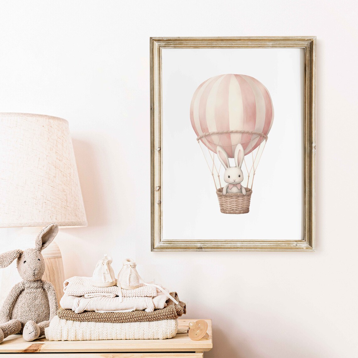 Pink Hot Air Balloon Bunny Nursery Art Print - Image 2