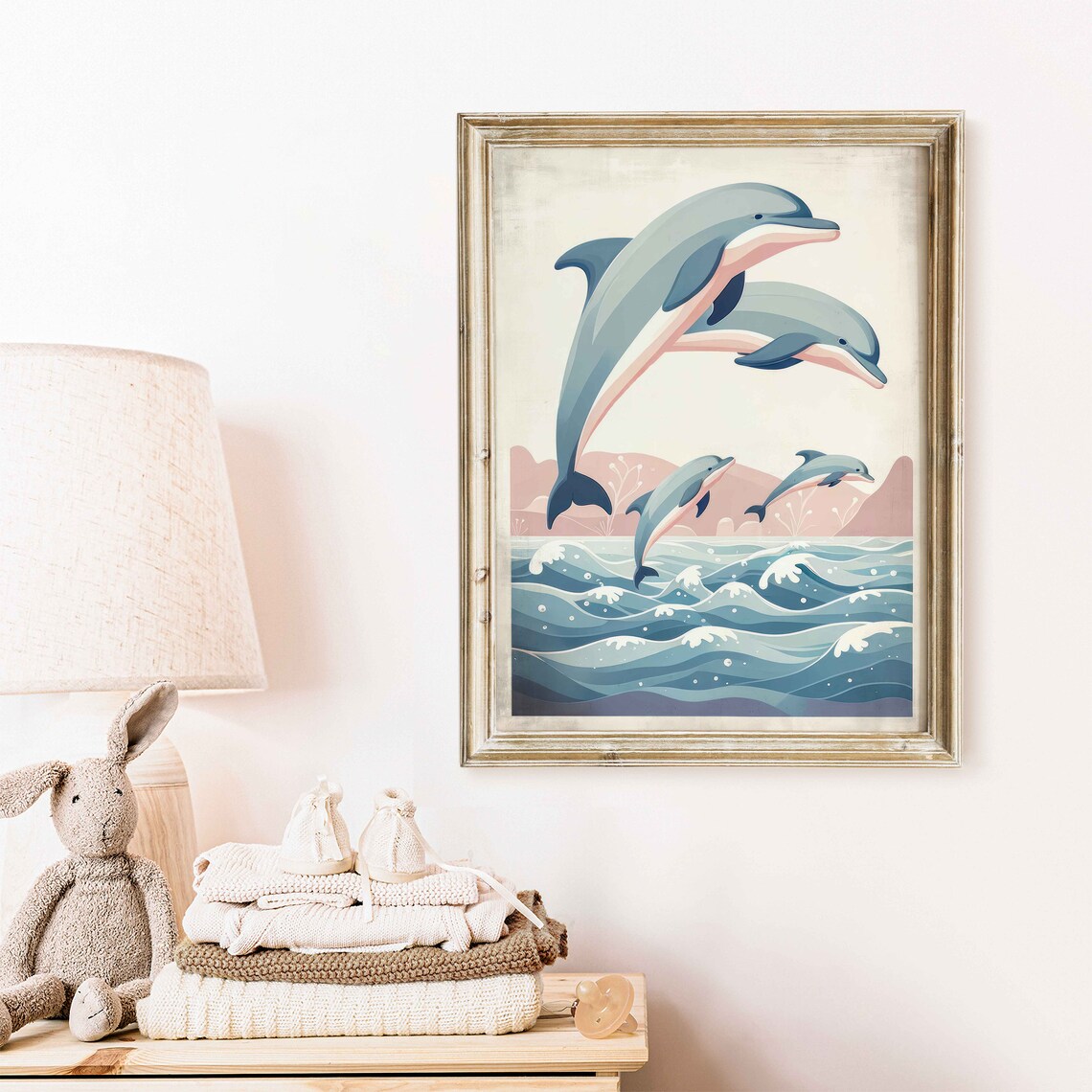 Four Dolphins Jumping Retro Ocean Waves Sea Life Scene Poster - Image 2