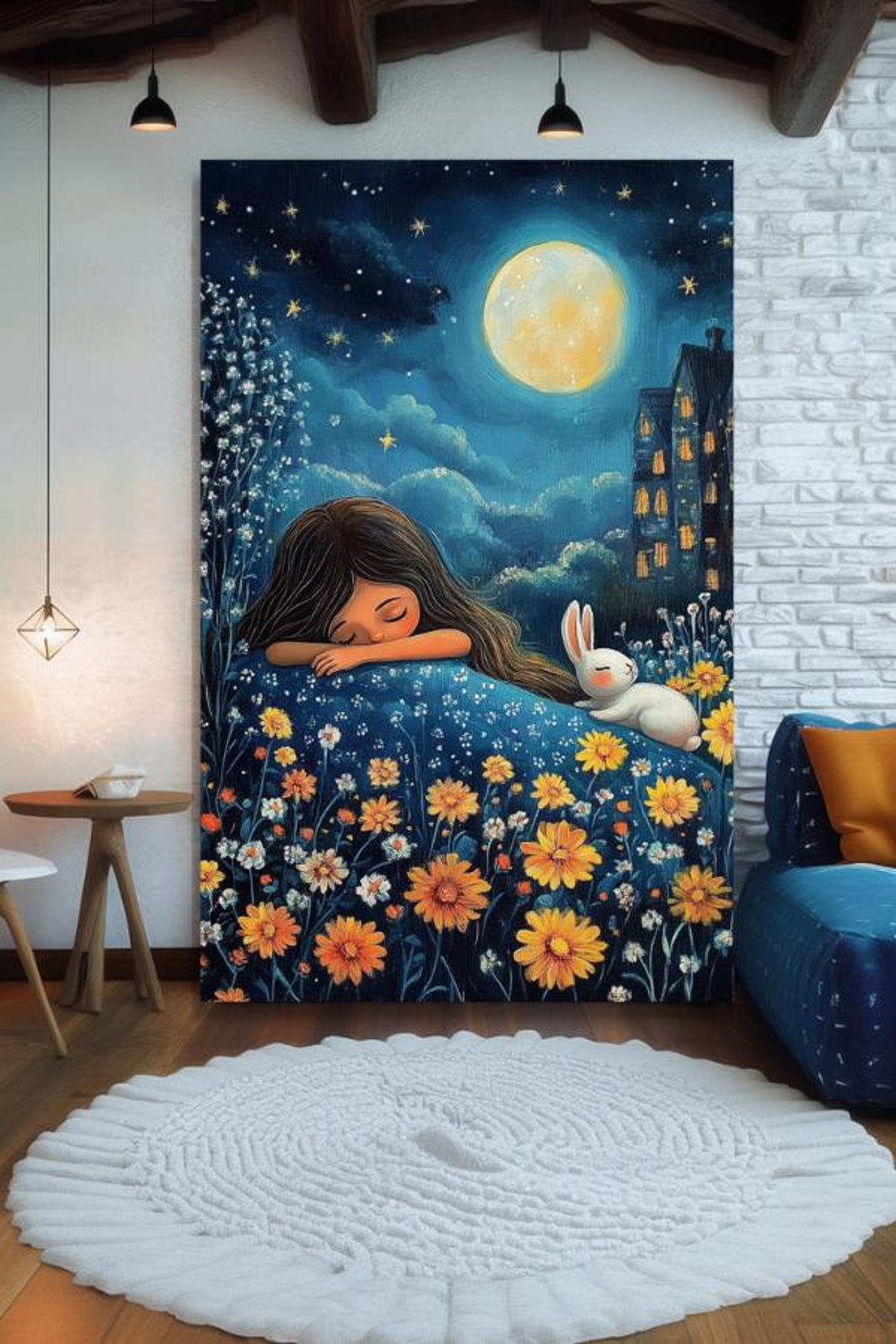 Sleeping Girl On Wildflower Hill Under Full Moon With Bunny Poster - Image 3