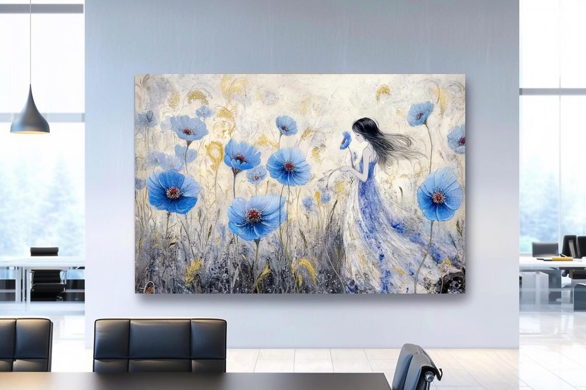 Woman Among Blue Poppies Dreamy Floral Field Portrait Blue Art Poster