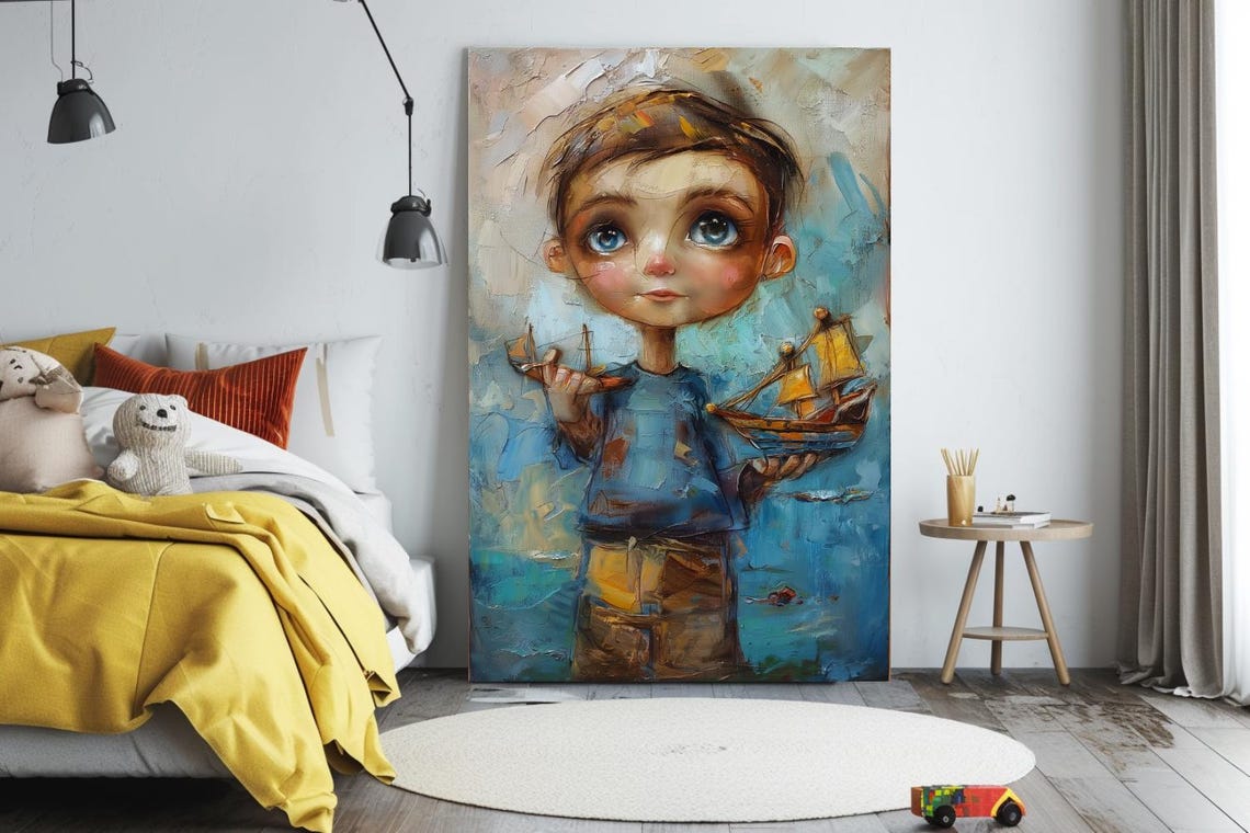 Little Boy Holding Toy Sailboat Blue Watercolor Children Room Poster - Image 3