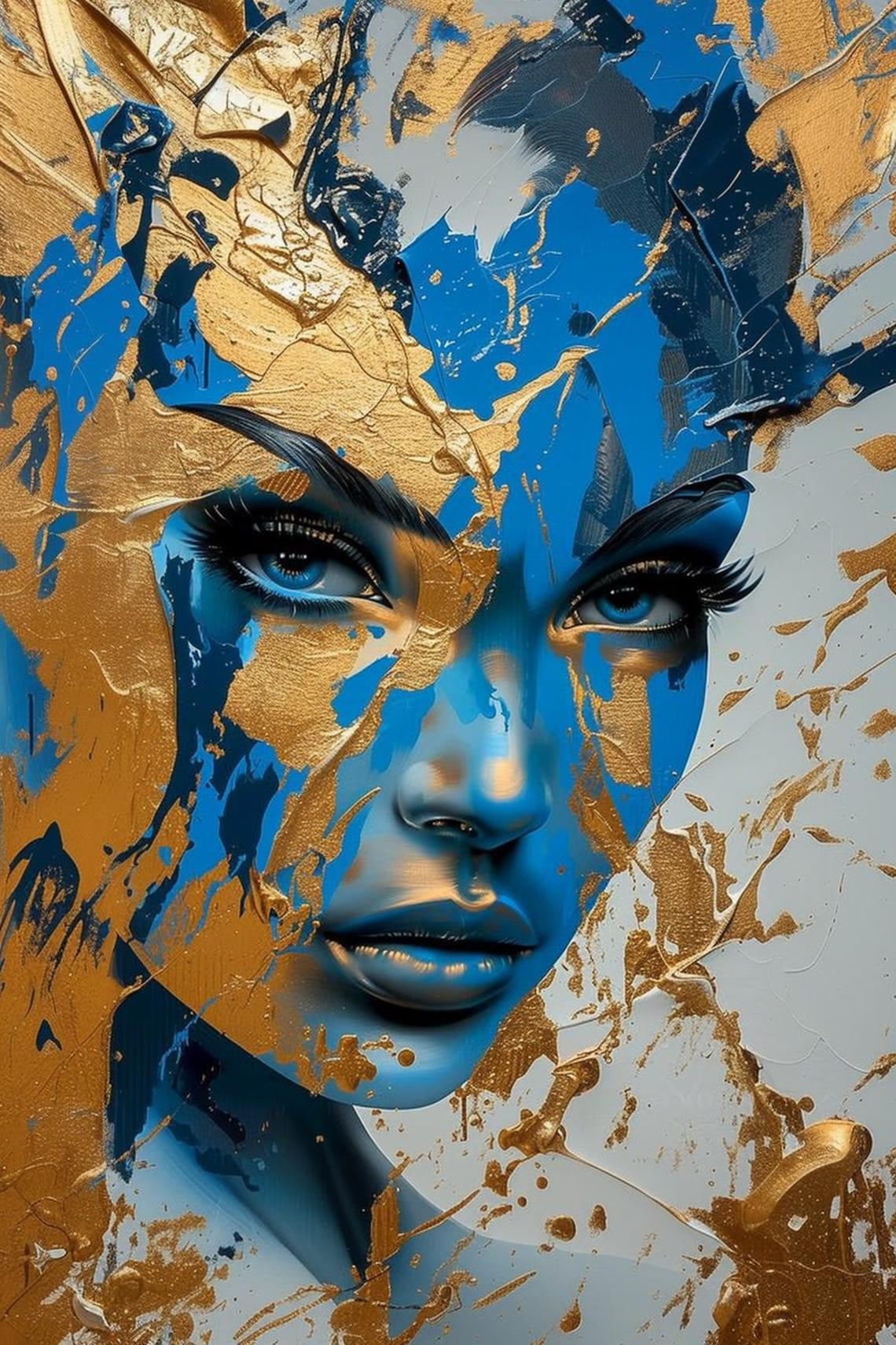 Bold Blue And Gold Abstract Woman Portrait With Blue Eyes Poster - Image 2