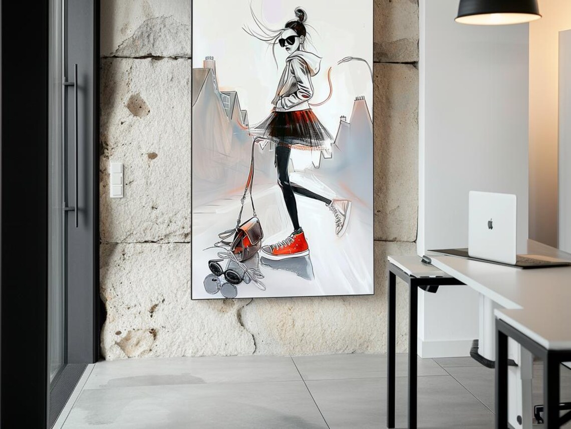 Stylish Woman in Sunglasses and Red Sneakers Fashion Sketch Poster
