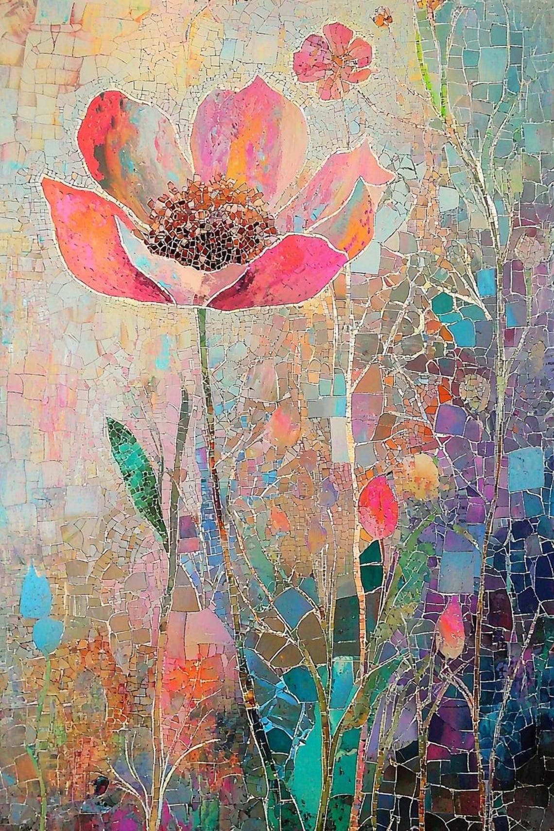 Mosaic Pink Poppy Flower In Dreamy Pastel Botanical Nature Poster - Image 2
