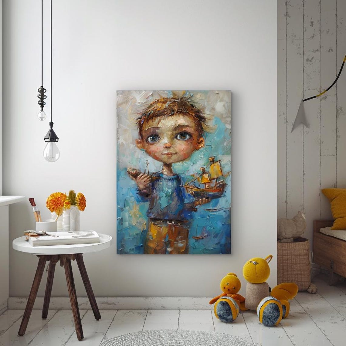 Little Boy Holding Toy Sailboat Blue Watercolor Children Room Poster