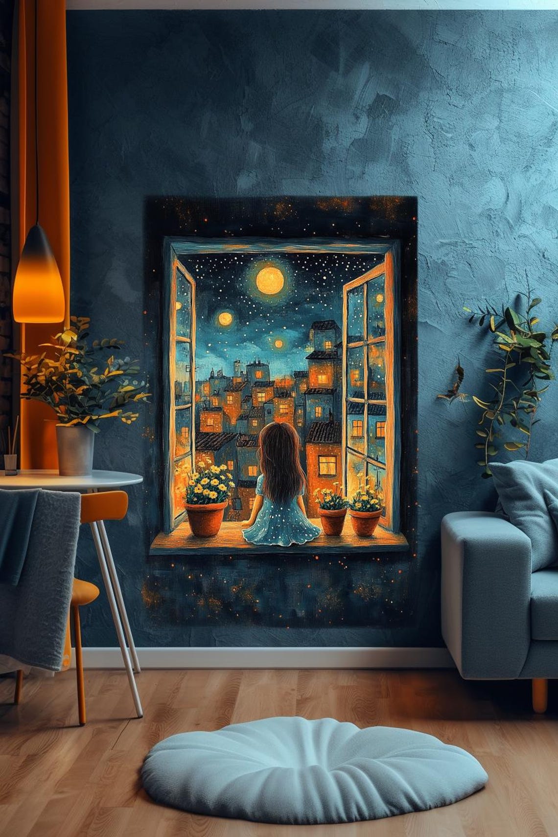 Night Dreams Girl At Window Overlooking A Moonlit City Poster - Image 2