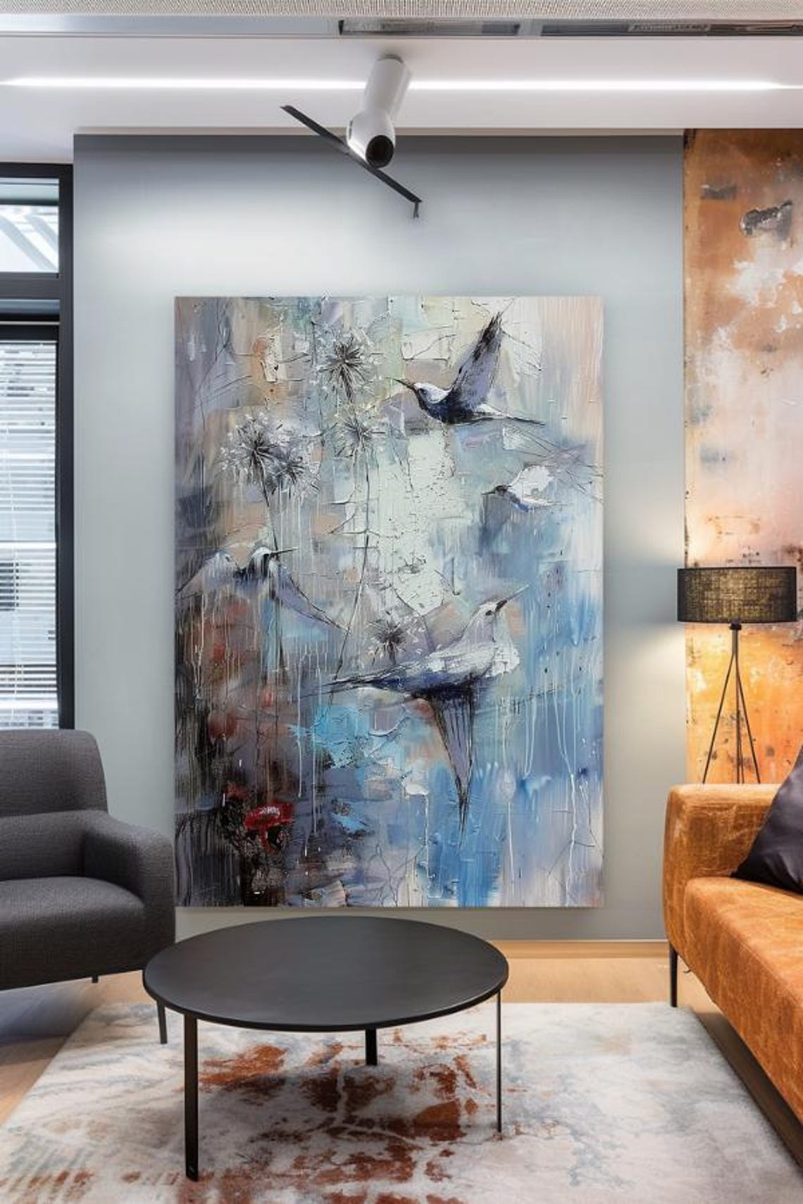 Swallows in Flight Among Seed Heads Blue Impasto Bird Poster - Image 3