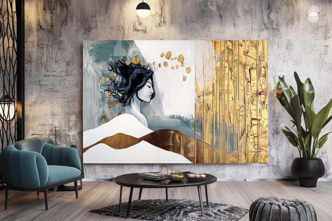 Elegant Woman Profile With Gold Leaves On White Gold Abstract Poster