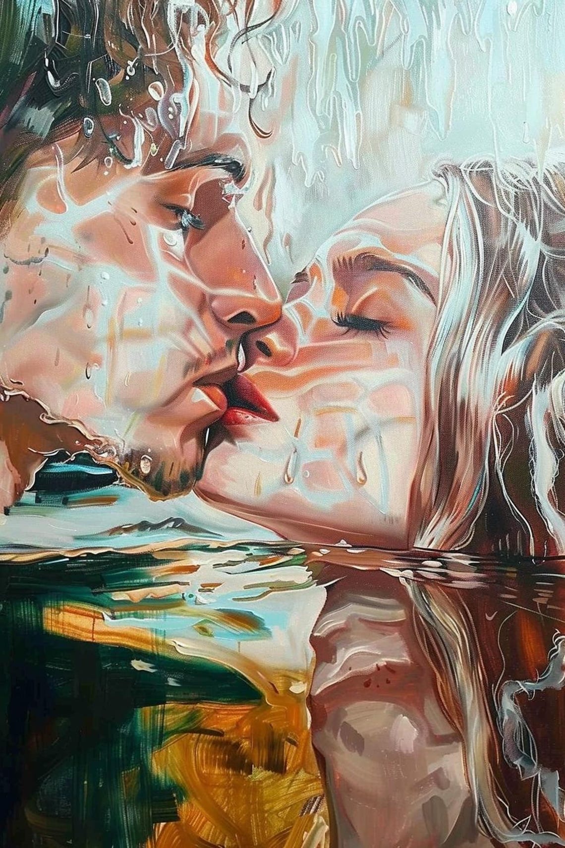 Lovers Kiss Under Water Droplets Romantic Abstract Art Poster - Image 2