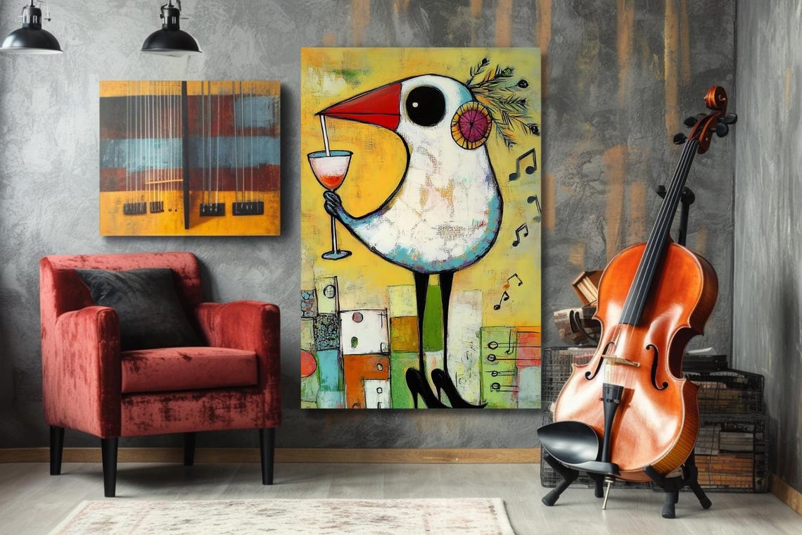 Whimsical Bird Holding Cocktail With Music Notes Yellow Poster - Image 3
