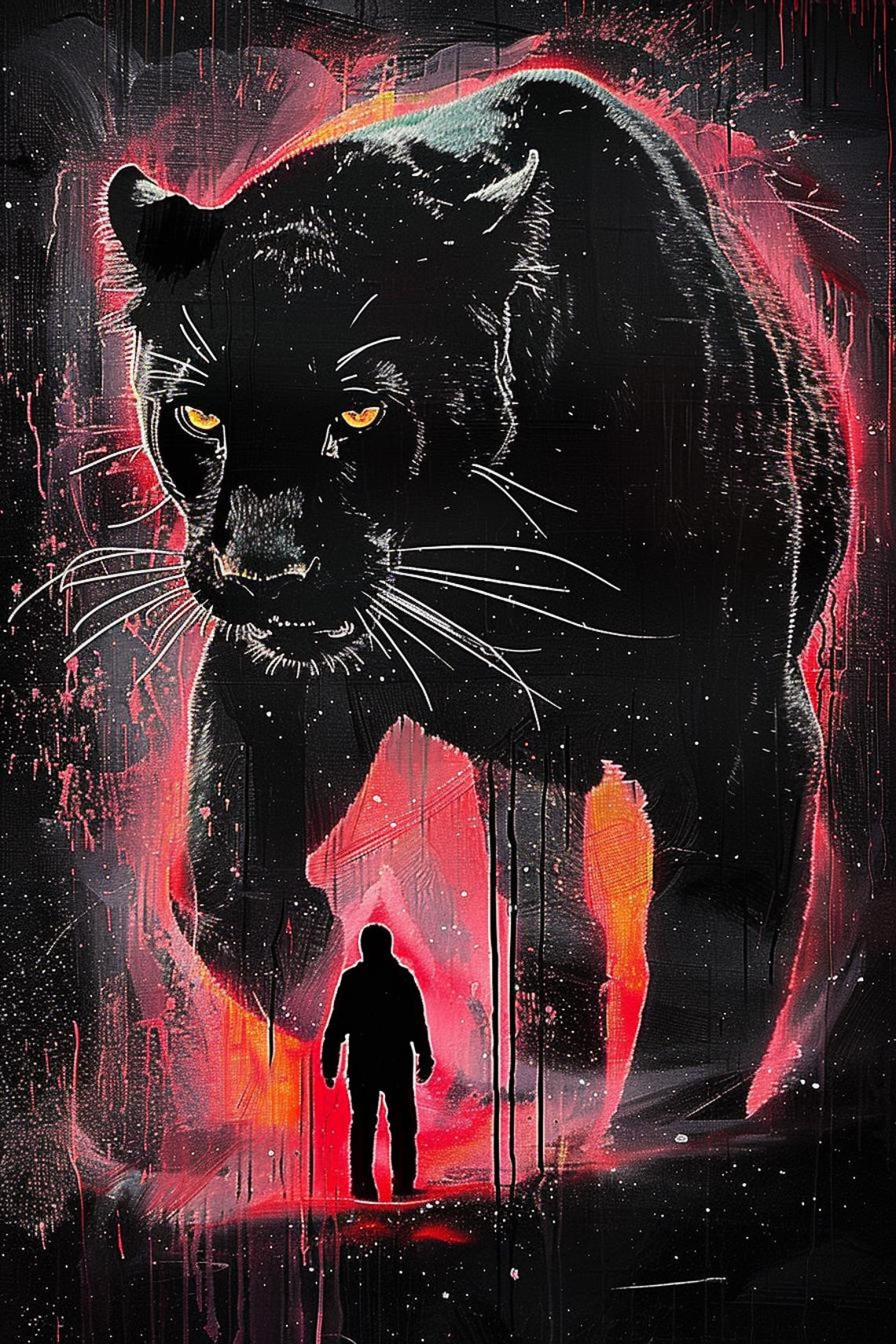 Black Panther Looming Over Tiny Figure In Red Neon Darkness Poster - Image 2