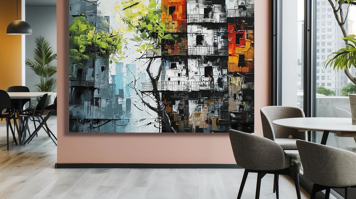 Tree Growing Through City Buildings Abstract Urban Nature Poster