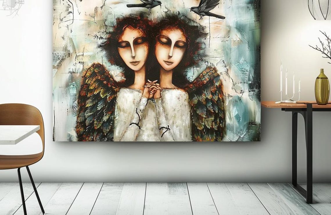 Two Faced Angel Woman With Feathered Wings And Black Birds Poster