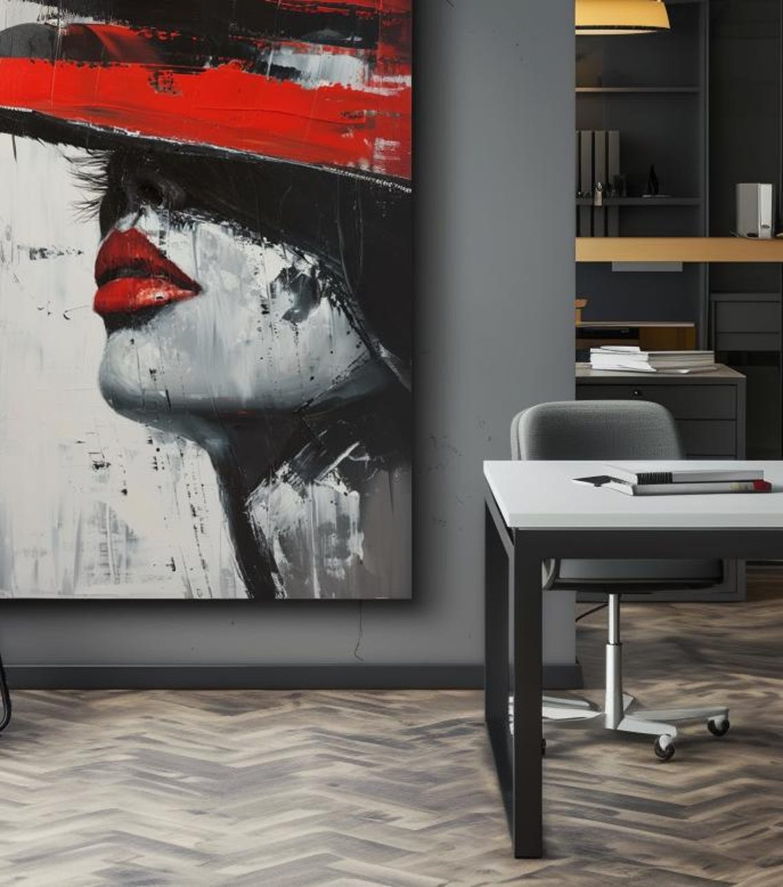Woman In Red Wide Brim Hat Red Lips Abstract Portrait Poster - Image 3