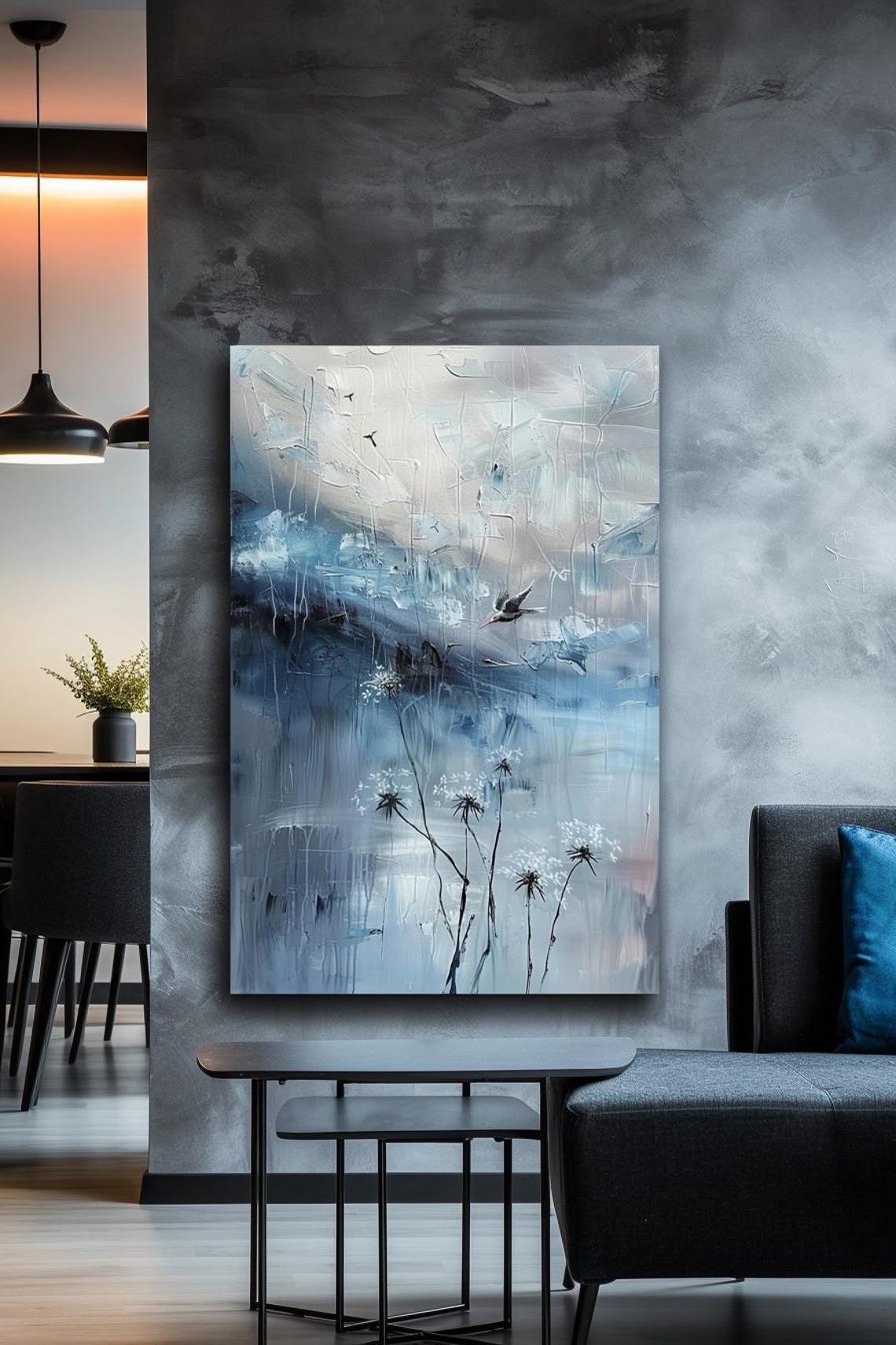 Serene Blue Gray Abstract Painting With Dandelions And Birds Poster