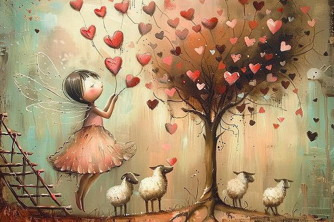 Heart Fairy Girl Releasing Heart Balloons Among Sheep Art Poster - Image 2