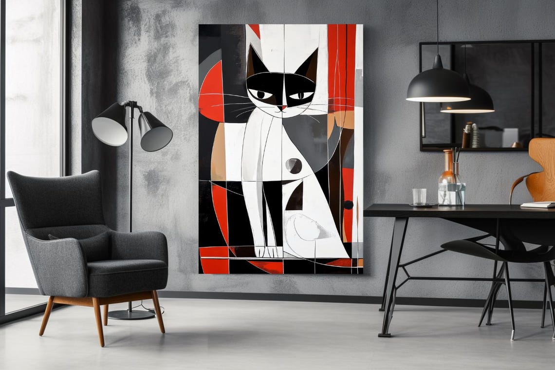 Cubist Black Cat Portrait with Intense Eyes Abstract Painting Poster - Image 2