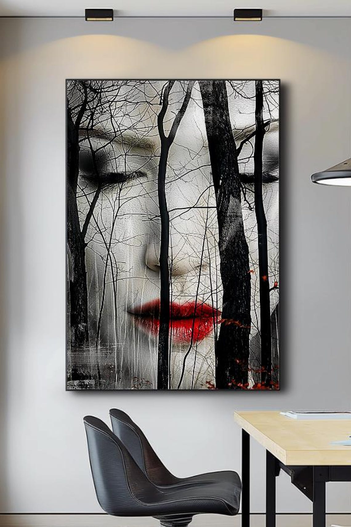 Without You Woman's Face Behind Bare Winter Trees Red Lips Poster